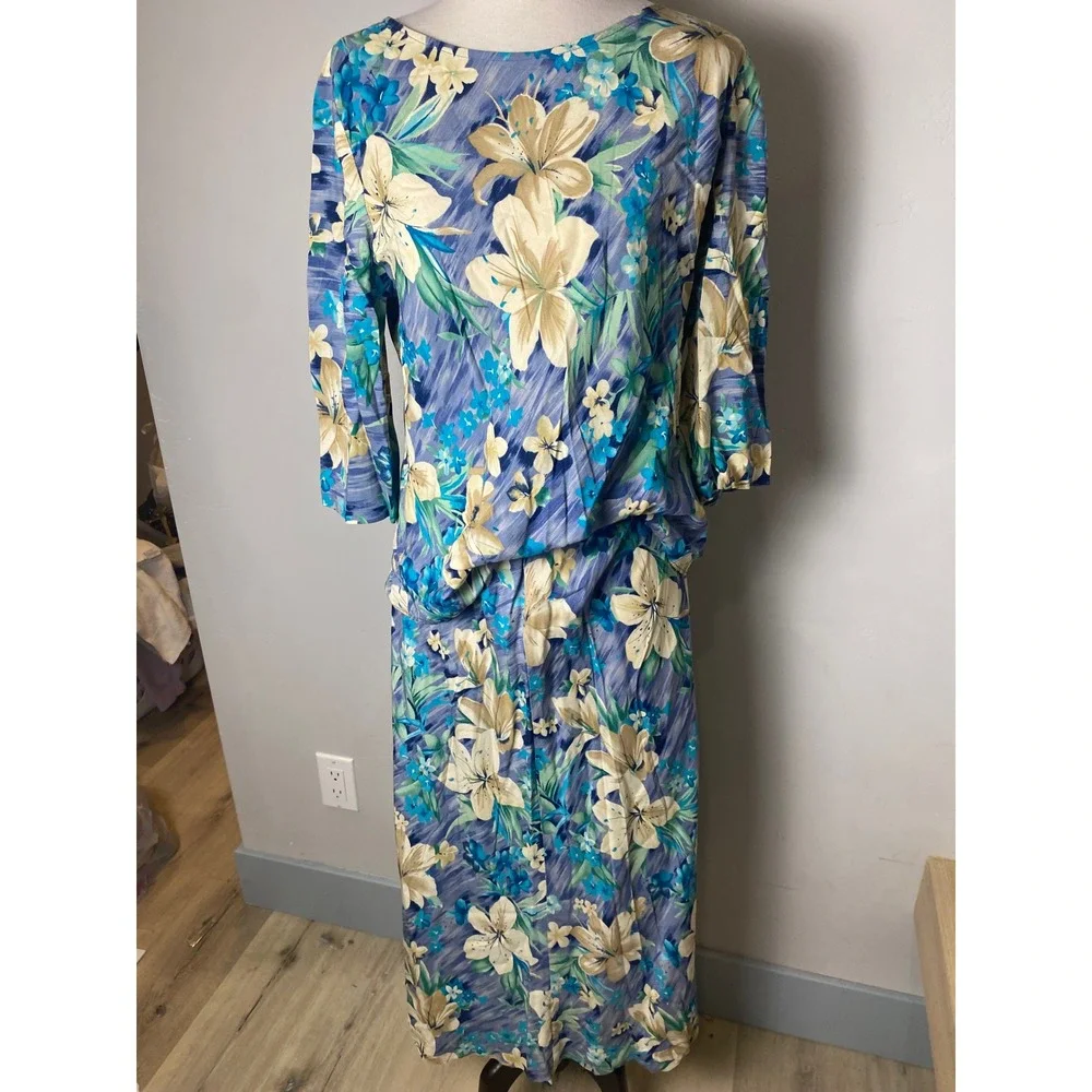 Lesley Fay Vintage 90s 2 Piece Set Floral Tropical Blue Tunic Top Maxi Skirt - Picture 4 of 9